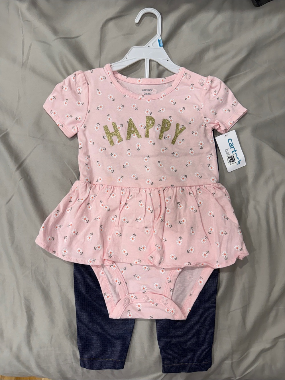 NWT - Carter's Pink 'Happy' Peplum Bodysuit with Navy Leggings (2pcs Set) - Picture 3 of 10